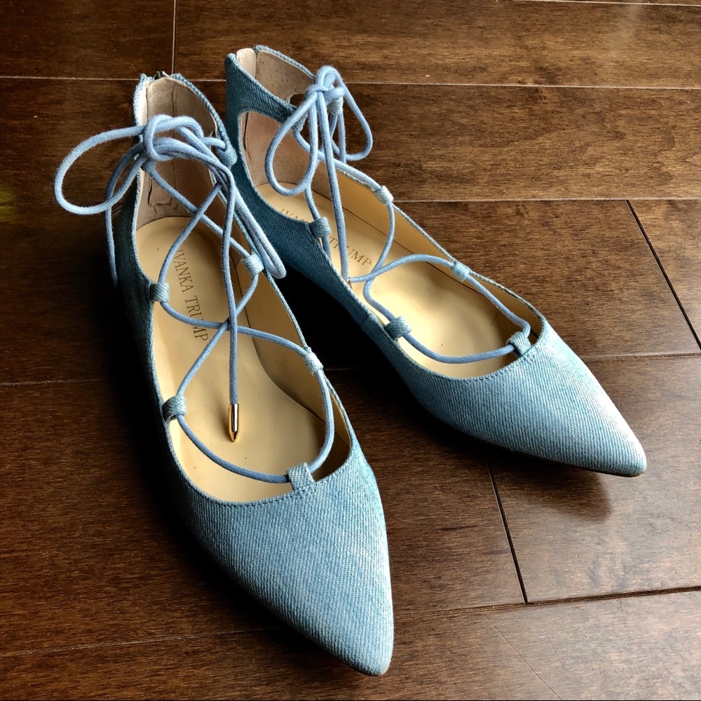Blue denim lace up flat shoes